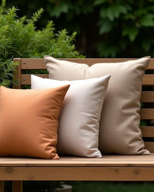 Cuscini realizzati con tessuti arazzo natura su una panca da giardino in legno.