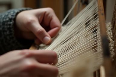 Mani esperte che lavorano su un dettaglio di un arazzo su un telaio.